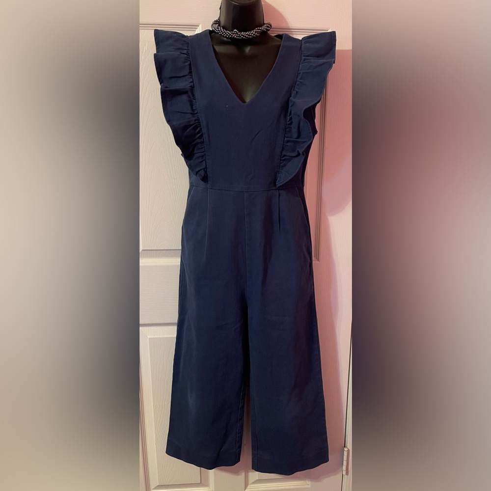 En Saison Denim Stretch Ruffled High Rise Wide Leg Crop Jumpsuit Size S
